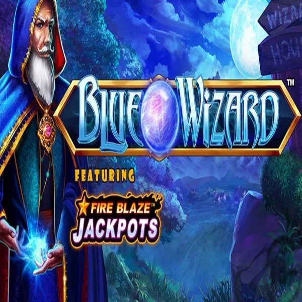 Blue Wizard Fire Blaze Jackpots slot logo by Rarestone Gaming at Kitty Bingo